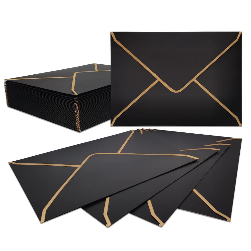 LYHLYA 50 PCS Invitation Envelopes A7 Size, Black Envelopes 5 x 7 Inch V-Flap Mailing Card Envelopes Quick Seal Envelopes with Gold Border for 5x7 Cards, Birthday, Weddings, Graduations, Greeting Cards - Image 2